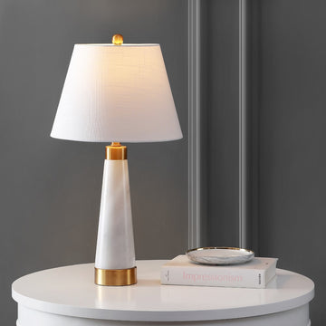 Travis 26.5" Marble/Iron Gold Modern Column LED Table Lamp - JONATHAN Y